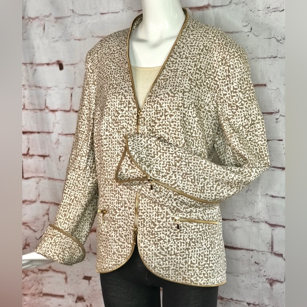 ESCADA M Tan & Cream print Gold Zipper detail Moto vibe Size EU 44 jacket blazer - Picture 14 of 15
